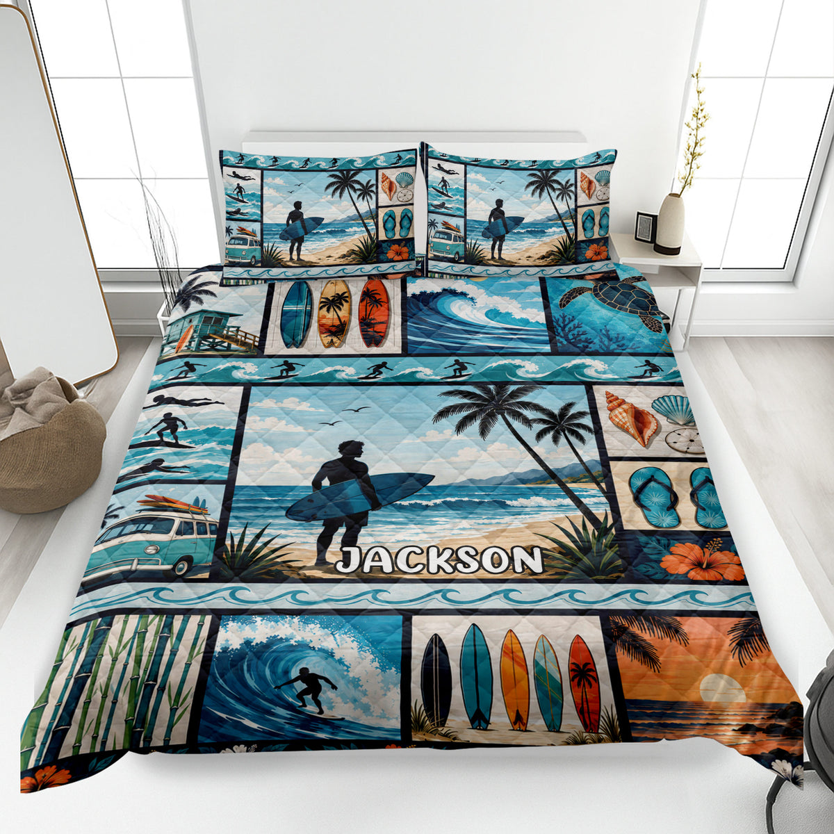 Surfing quilt bedding set displayed on a bed with surfers, surfboards, ocean waves, palms and coastal artwork