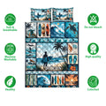 Surfing quilt bedding set shown flat with colorful ocean, surfboard, beach, palm and wave panels