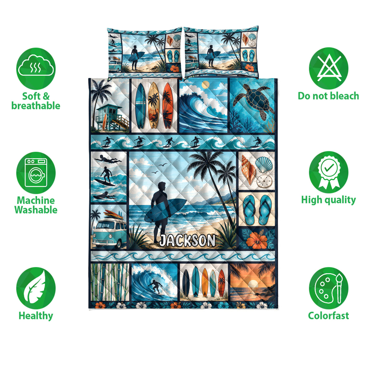 Surfing quilt bedding set shown flat with colorful ocean, surfboard, beach, palm and wave panels