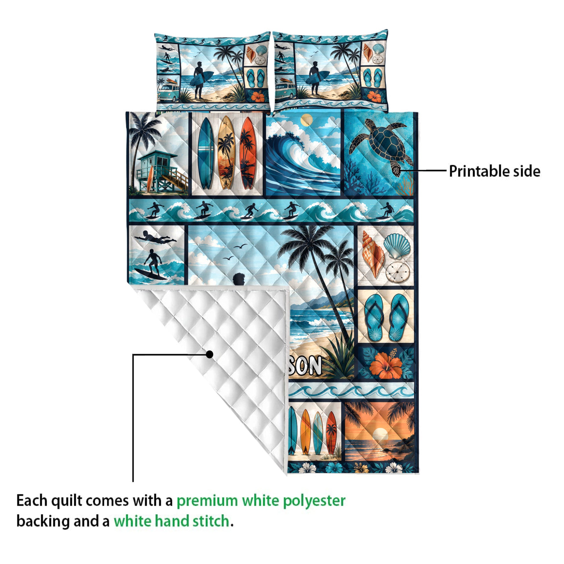 Surfing quilt detail showing the printed ocean artwork and white quilted reverse side