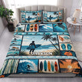 Surfing quilt bedding set styled in a bright bedroom with beach scenes, surfers, surfboards and palm trees