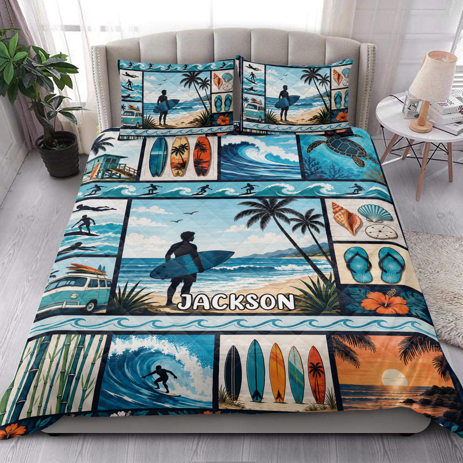 Surfing quilt bedding set styled in a bright bedroom with beach scenes, surfers, surfboards and palm trees