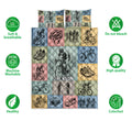 Bicycle quilt bedding set shown with cycling artwork and soft, breathable, washable, colorfast feature icons