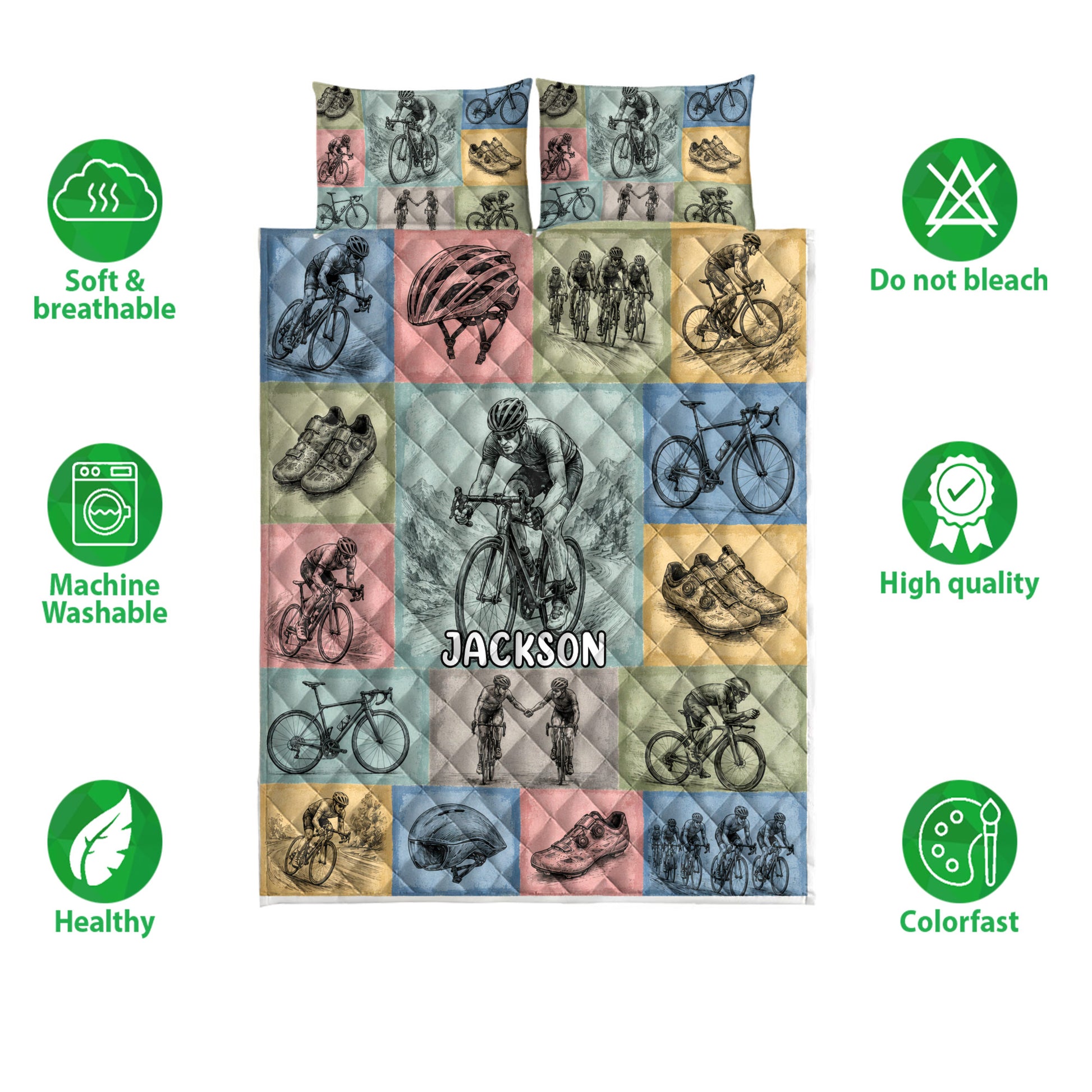 Bicycle quilt bedding set shown with cycling artwork and soft, breathable, washable, colorfast feature icons
