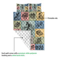 Bicycle quilt blanket detail showing printed cycling artwork and the white diamond-quilted backing