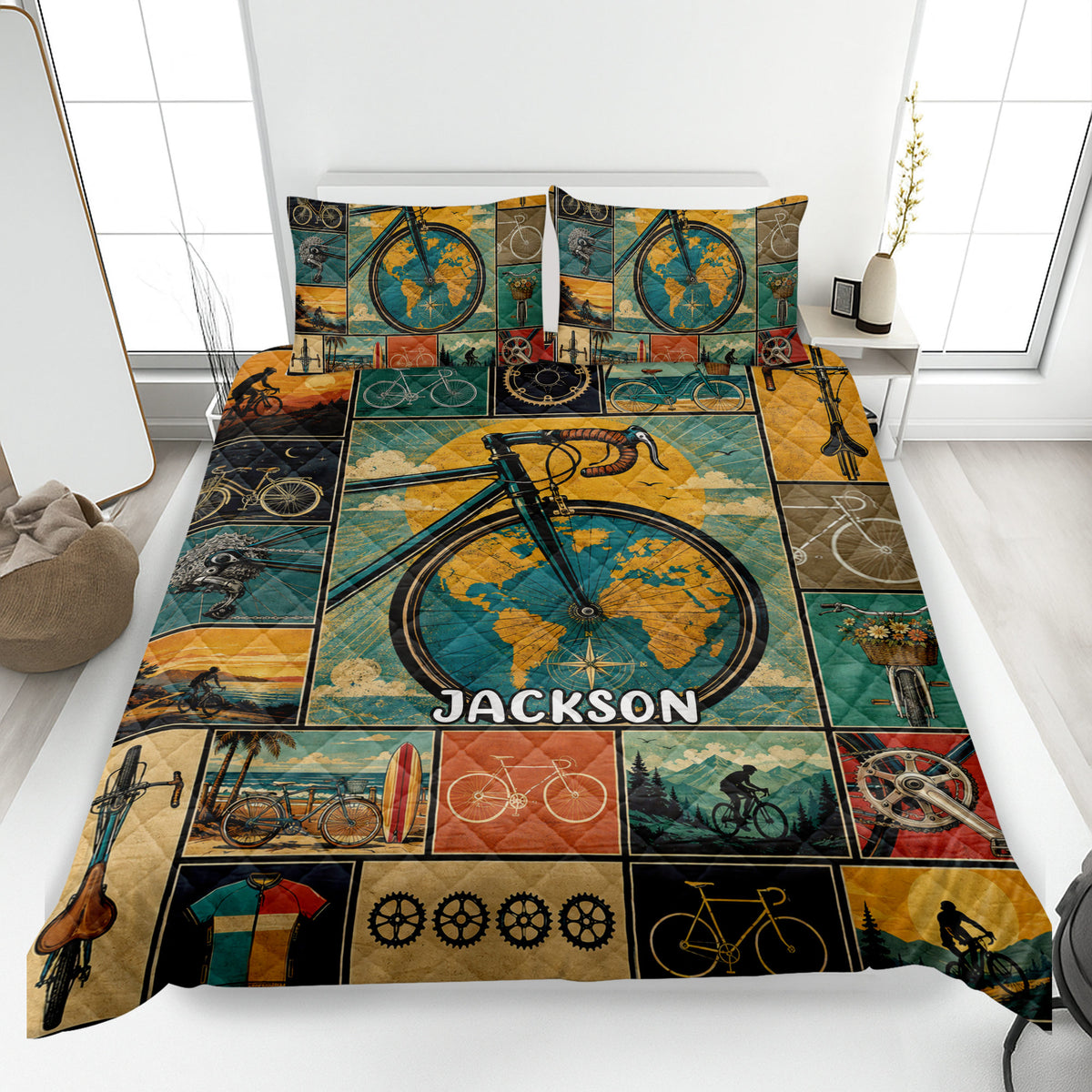 Bicycle quilt blanket bedding set displayed on a bed with vintage cycling collage artwork in teal and gold