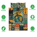 Bicycle quilt blanket with vintage cycling collage, bicycles, gears, cyclists and product feature icons