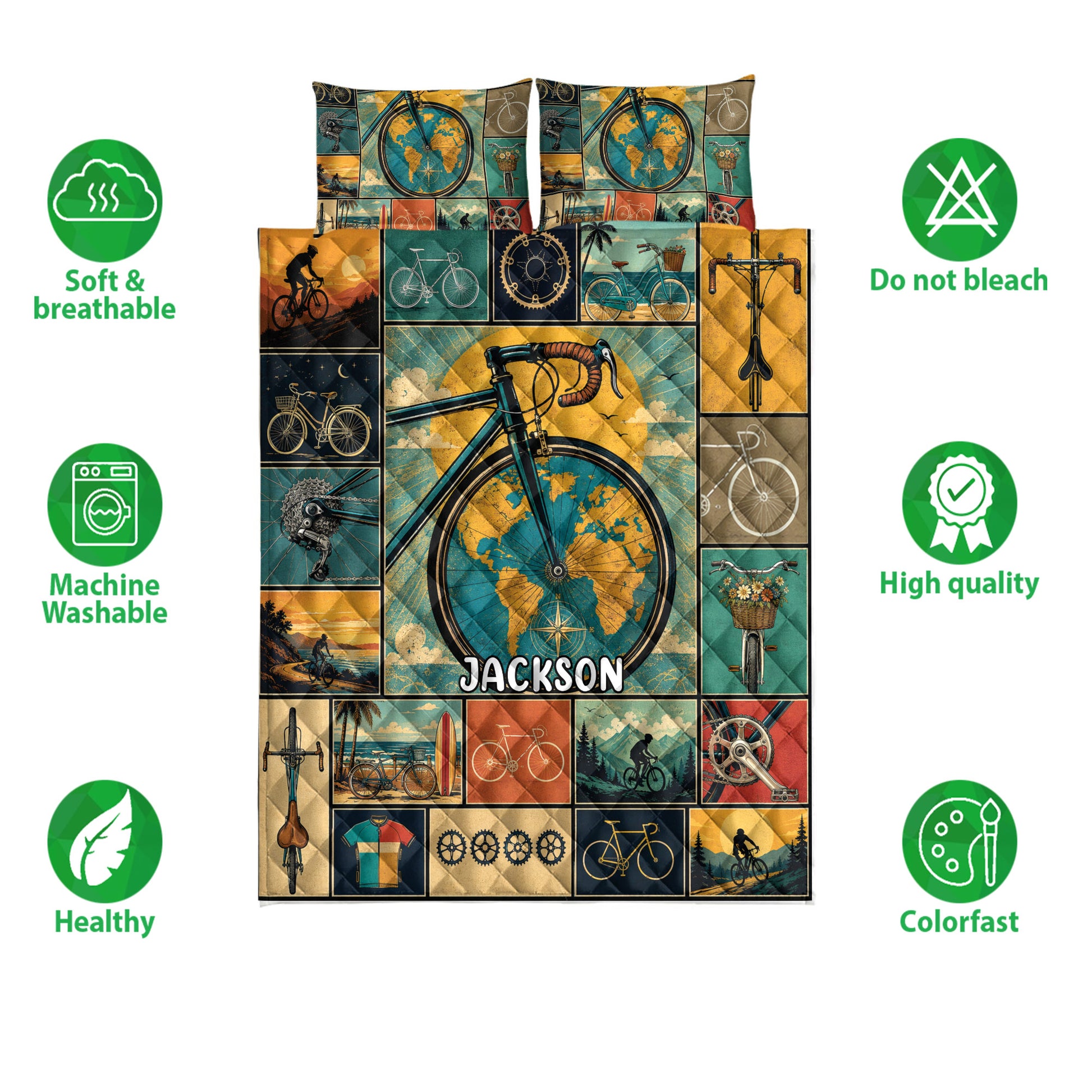Bicycle quilt blanket with vintage cycling collage, bicycles, gears, cyclists and product feature icons