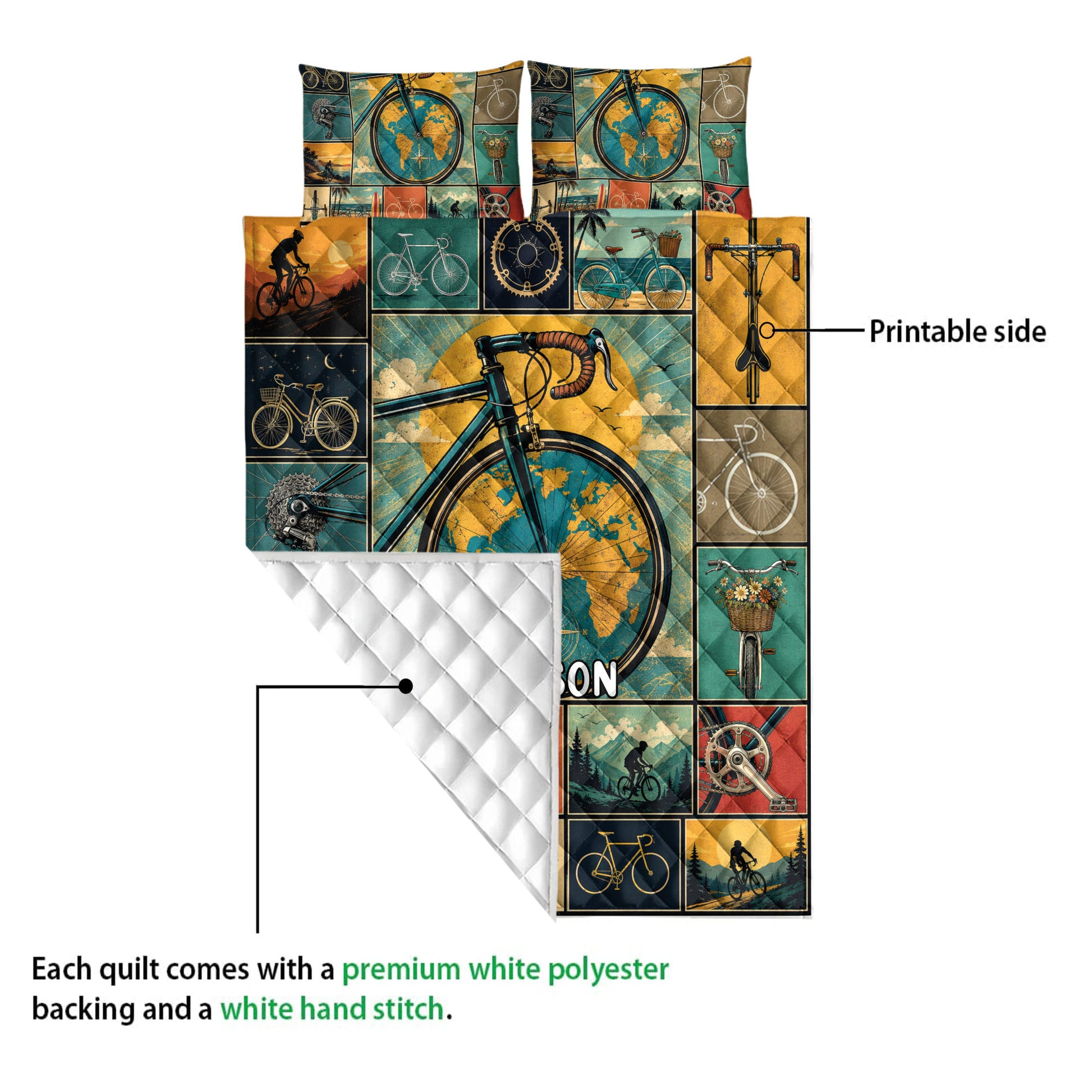 Bicycle quilt showing the colorful printed side, white quilted backing and stitched construction