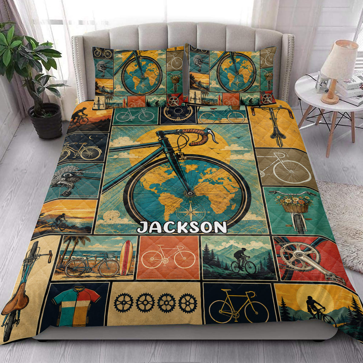 Bicycle quilt blanket bedding set styled in a bright bedroom with vintage bicycle collage artwork