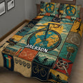 Close view of bicycle quilt bedding with road cycling, gears, bicycle parts and warm retro artwork