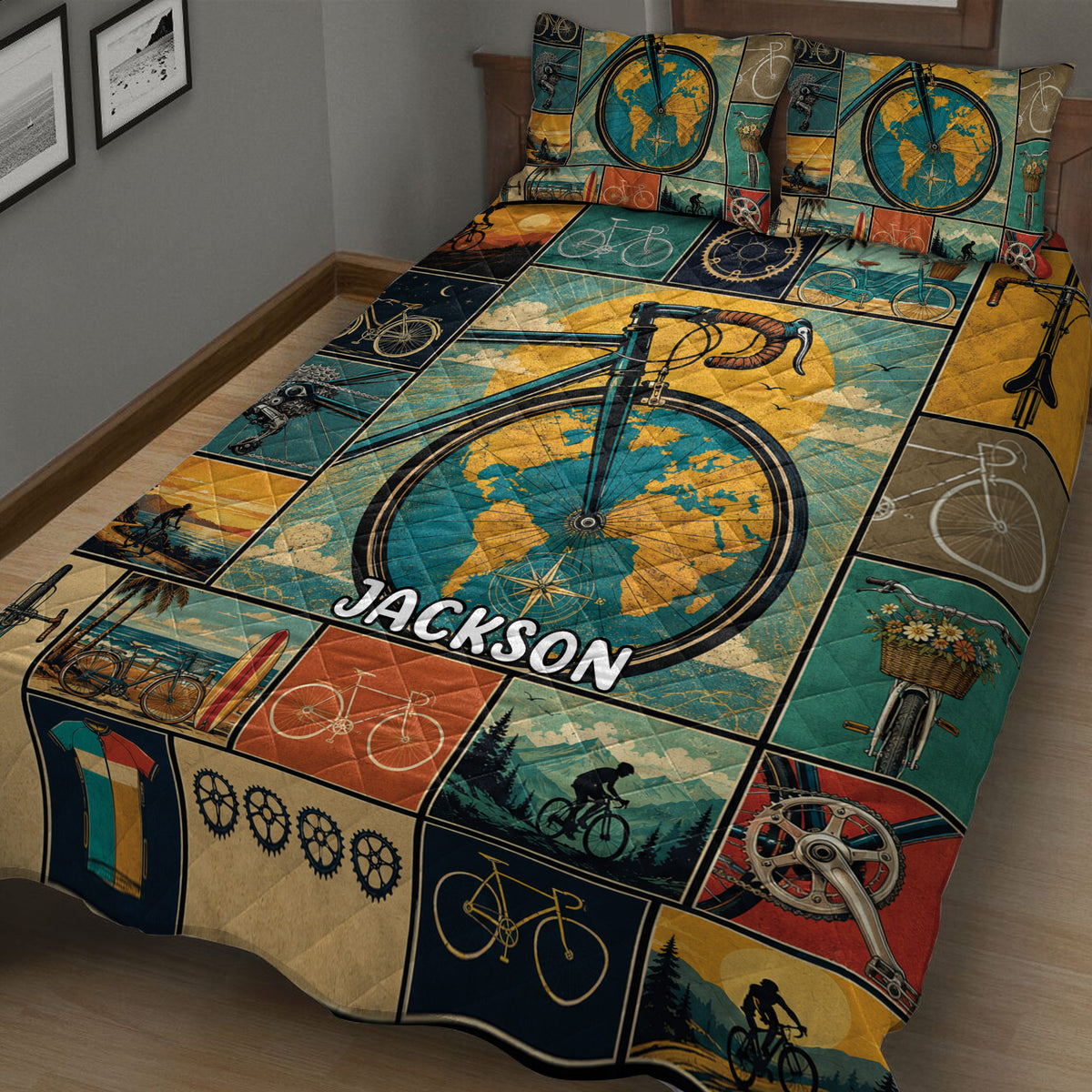 Close view of bicycle quilt bedding with road cycling, gears, bicycle parts and warm retro artwork