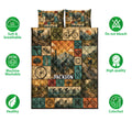 Bicycle quilt bedding set shown front-facing with cycling artwork, mountain scenery, and care feature icons