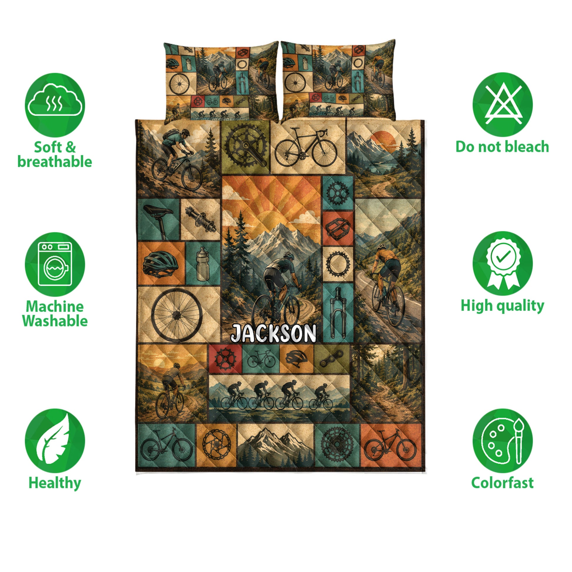 Bicycle quilt bedding set shown front-facing with cycling artwork, mountain scenery, and care feature icons