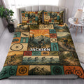 Bicycle quilt blanket styled in a bright bedroom with cyclists, bicycles, gears, and mountain scenery