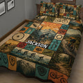 Bicycle quilt bedding displayed in a bedroom with vintage cycling, mountain, forest, and trail artwork