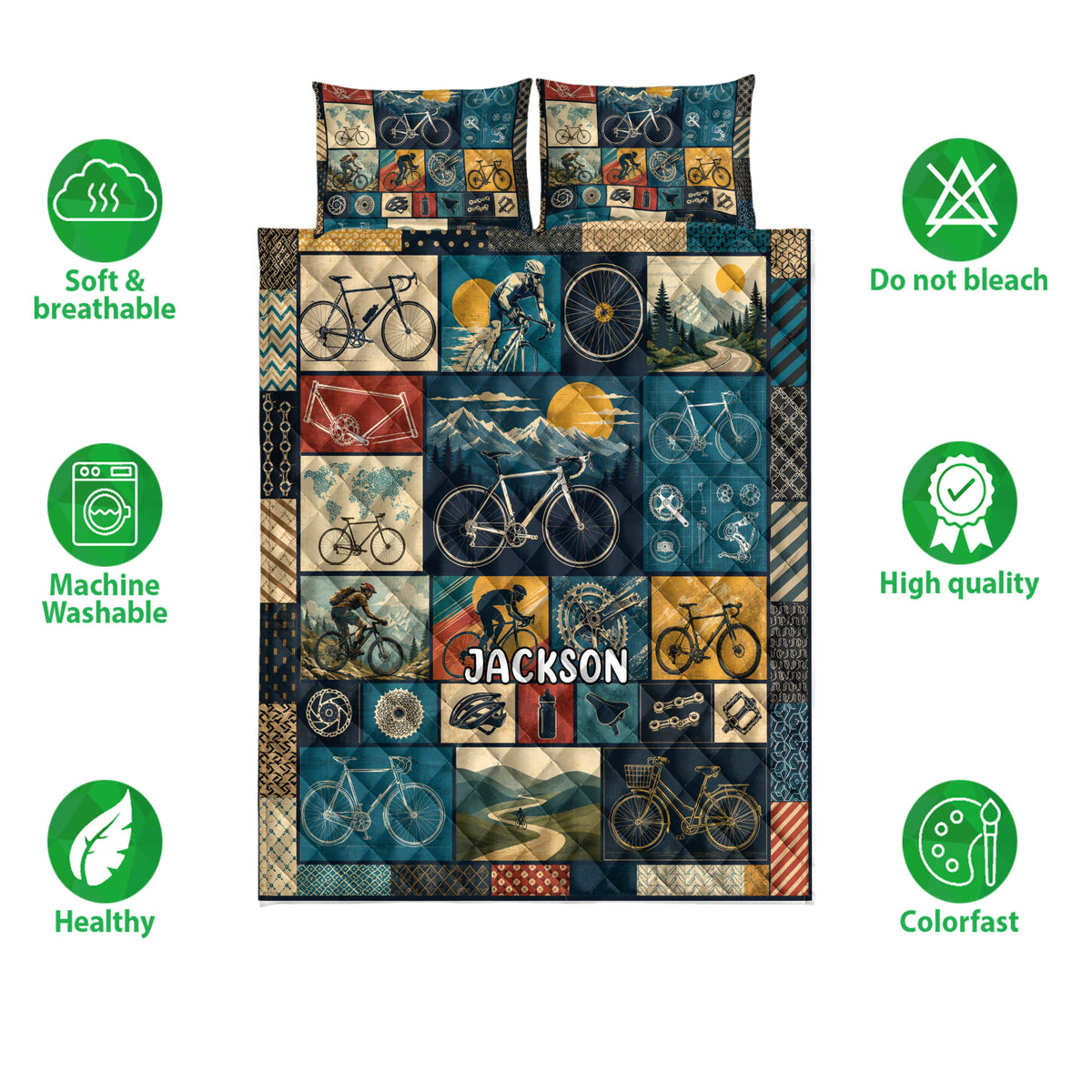 Bicycle quilt bedding set shown with cycling collage artwork and soft, breathable care feature icons