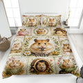 Hamster quilt blanket displayed on a bed with floral artwork and multiple playful hamster scenes