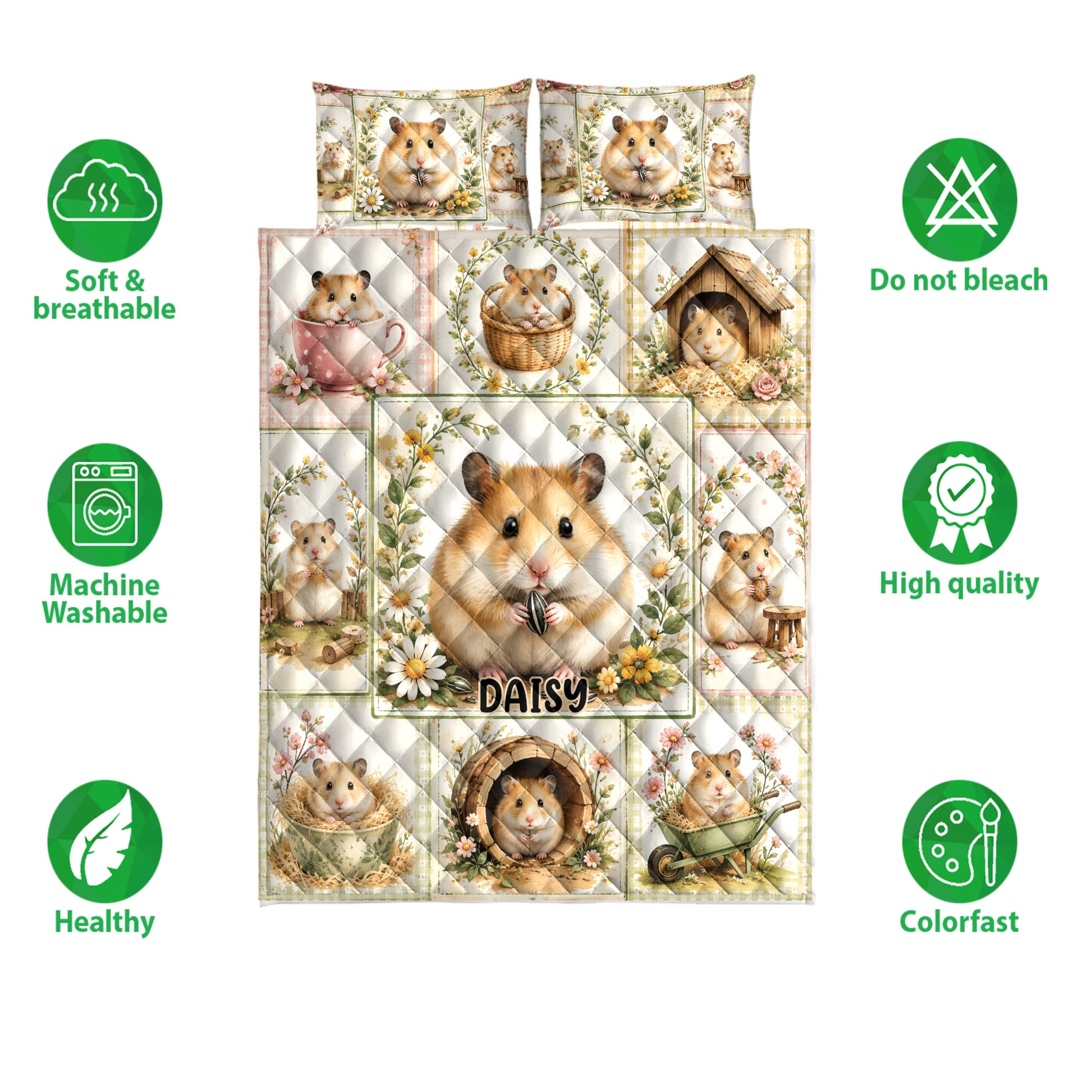 Hamster quilt bedding set shown with matching floral hamster design and product care icons