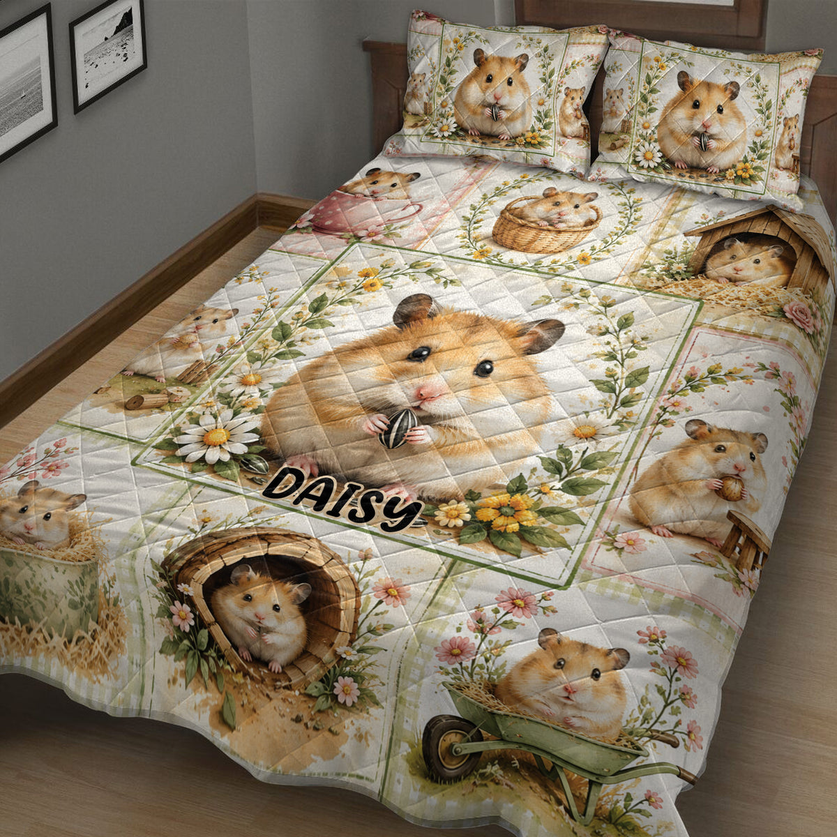 Hamster bedspread shown in a cozy bedroom with illustrated hamsters, flowers, baskets, and garden scenes