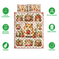Hamster and strawberry quilt bedding displayed with soft breathable and care feature icons