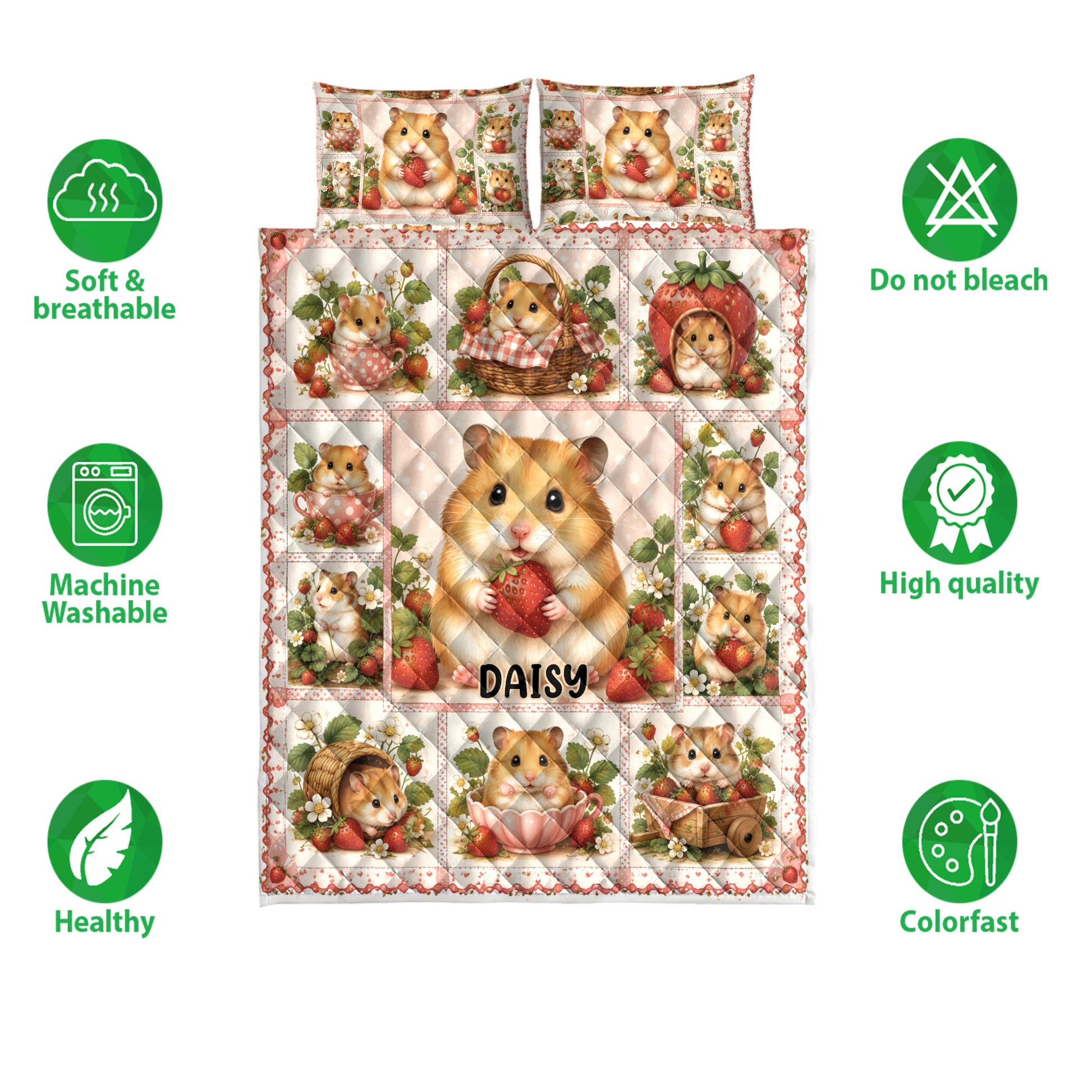 Hamster and strawberry quilt bedding displayed with soft breathable and care feature icons