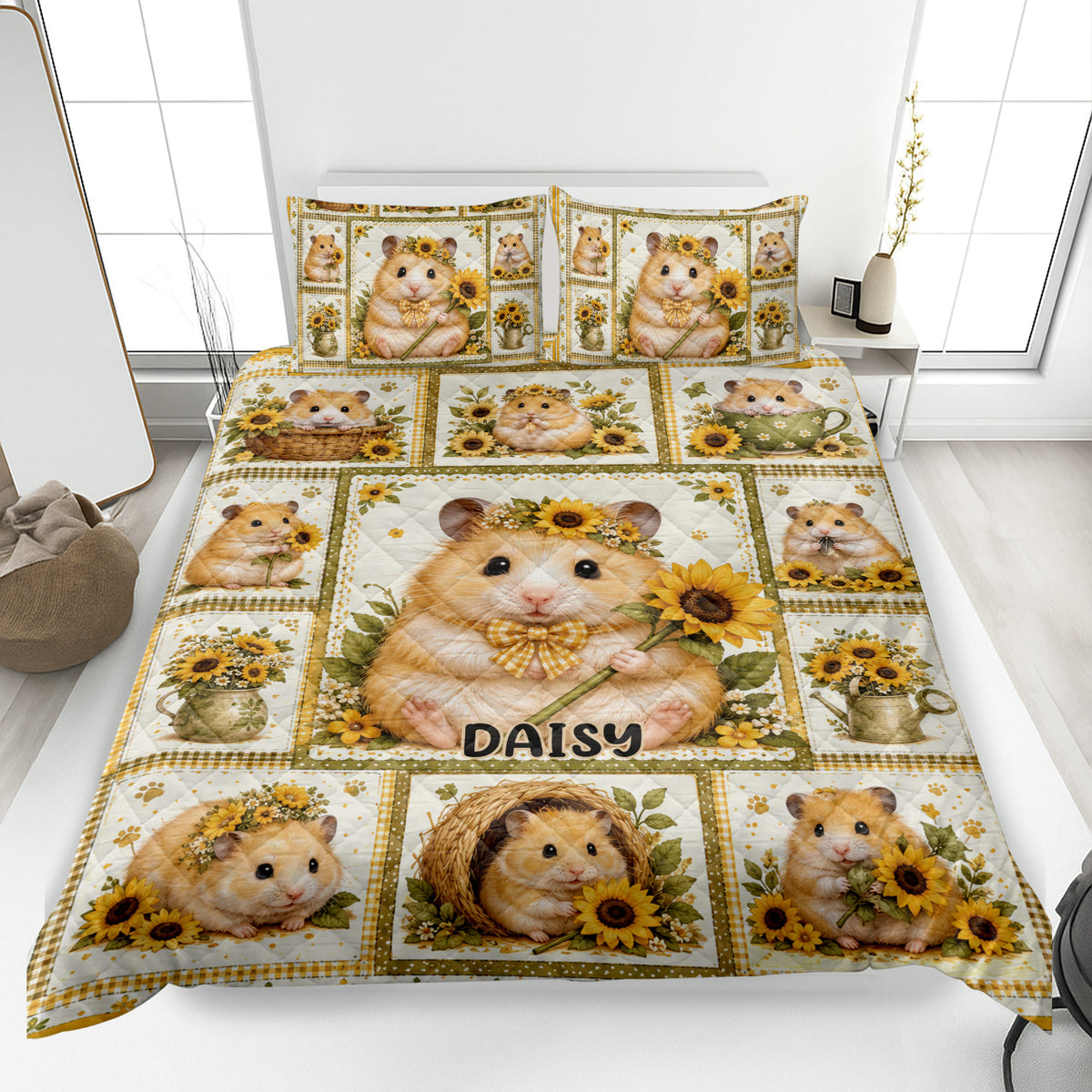Hamster quilt blanket spread across a bed with sunflower artwork and coordinating hamster pillow designs