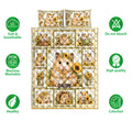 Hamster quilt bedding set displayed with sunflower artwork and soft, breathable fabric feature icons