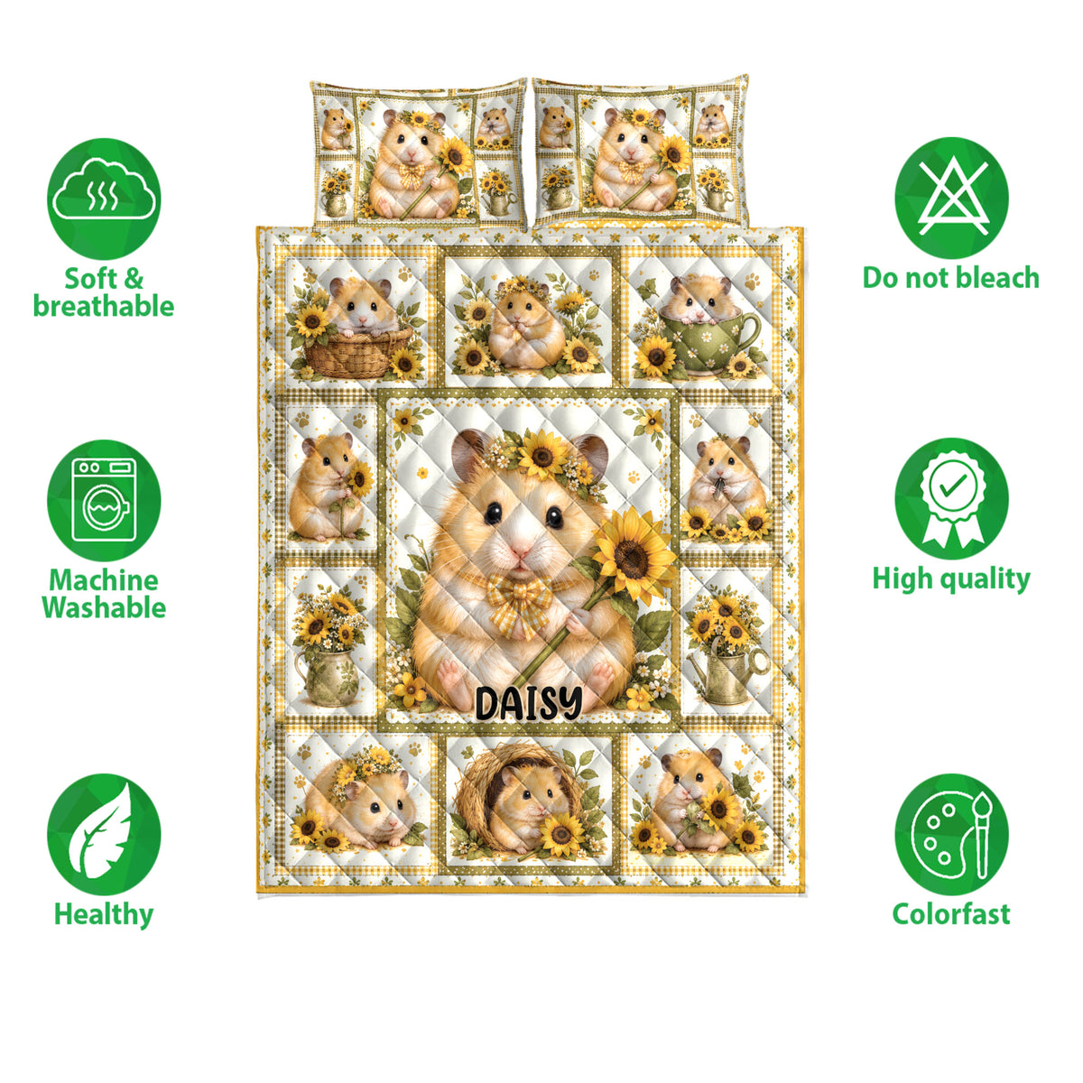 Hamster quilt bedding set displayed with sunflower artwork and soft, breathable fabric feature icons