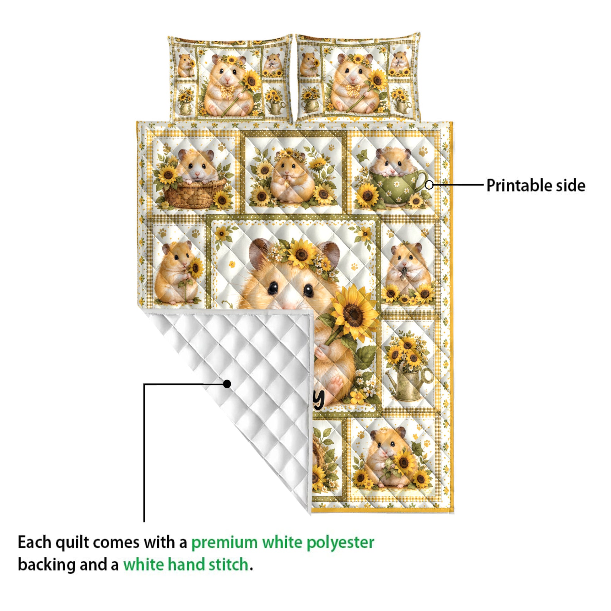 Hamster quilt blanket showing the printed sunflower side and white diamond-stitched backing