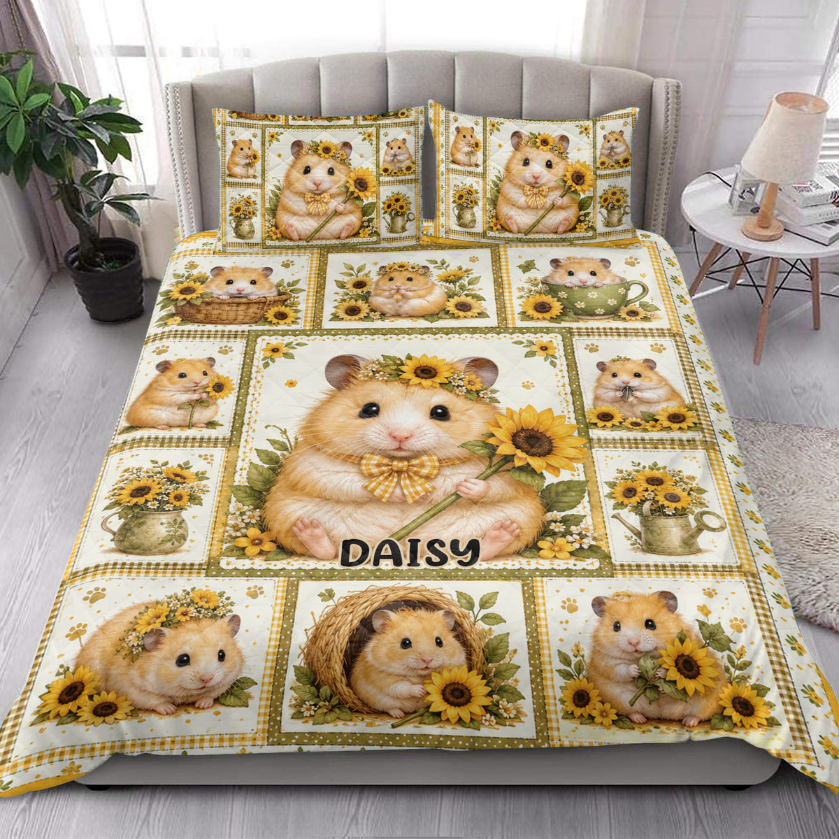 Hamster quilt blanket styled on a bed with sunflower scenes, paw prints and warm farmhouse colors