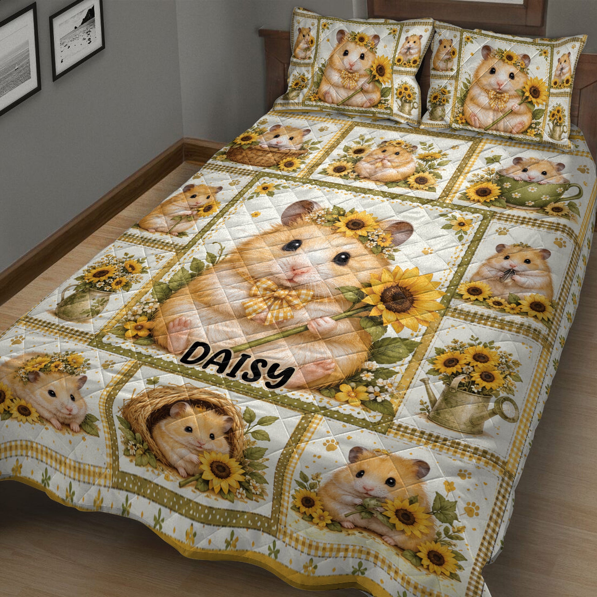 Close bedroom view of a hamster quilt blanket featuring sunflower panels and playful small-pet artwork