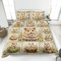 Hamster quilt blanket displayed on a bed with floral artwork, tea cup scenes, and soft green and yellow accents