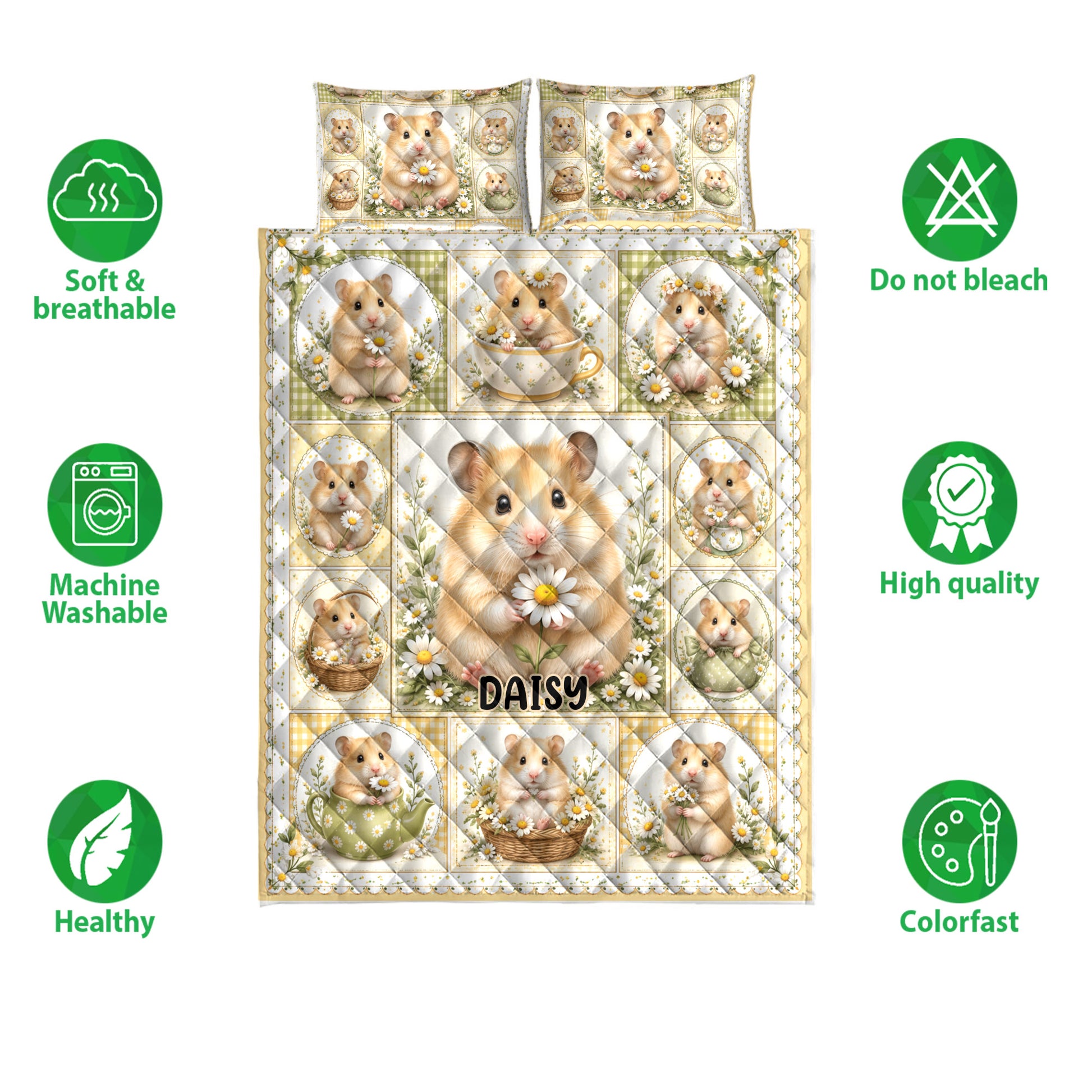 Hamster quilt bedding set shown with floral illustrations and feature icons for softness, breathability, and color