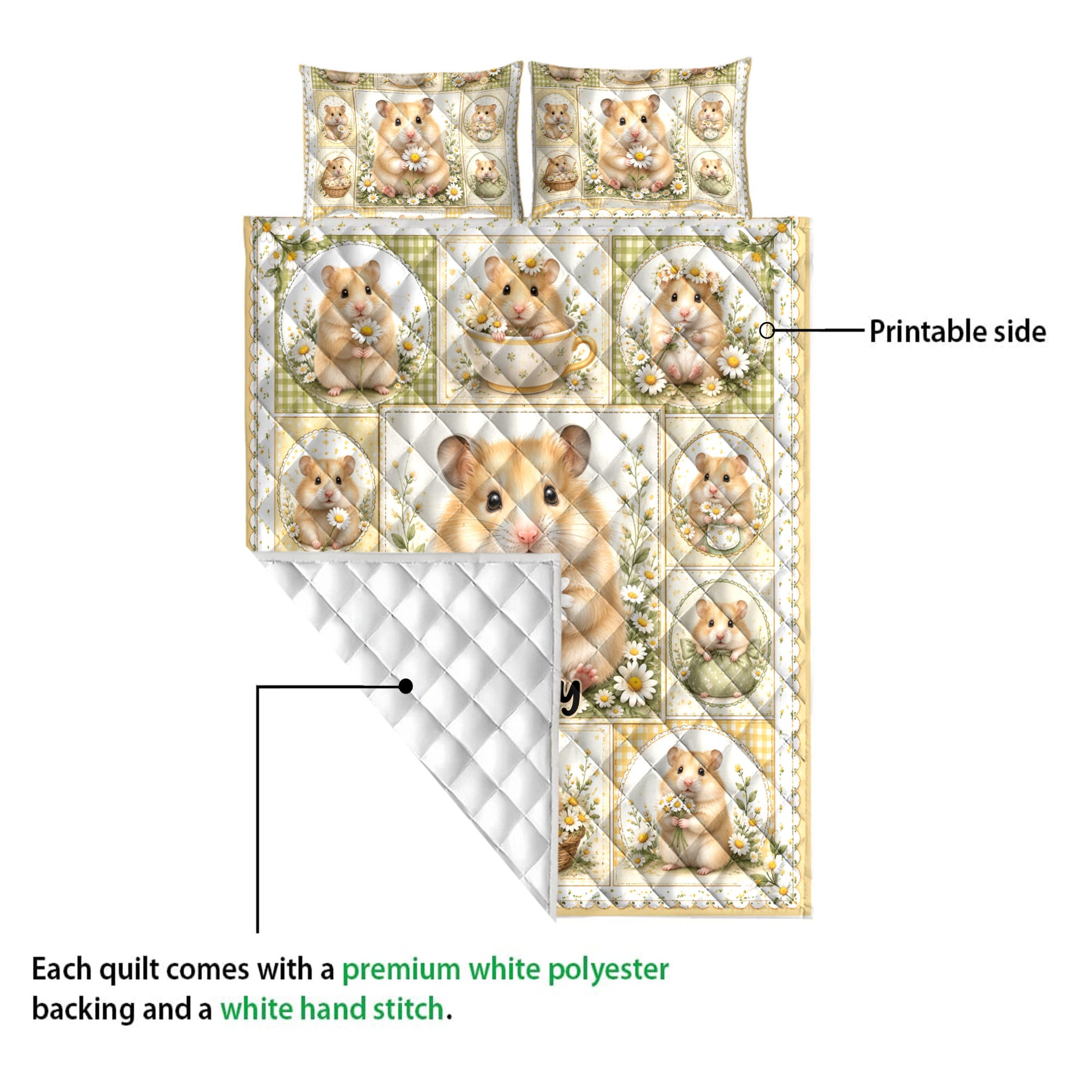 Hamster quilt bedding set showing the printed floral front and quilted white backing detail
