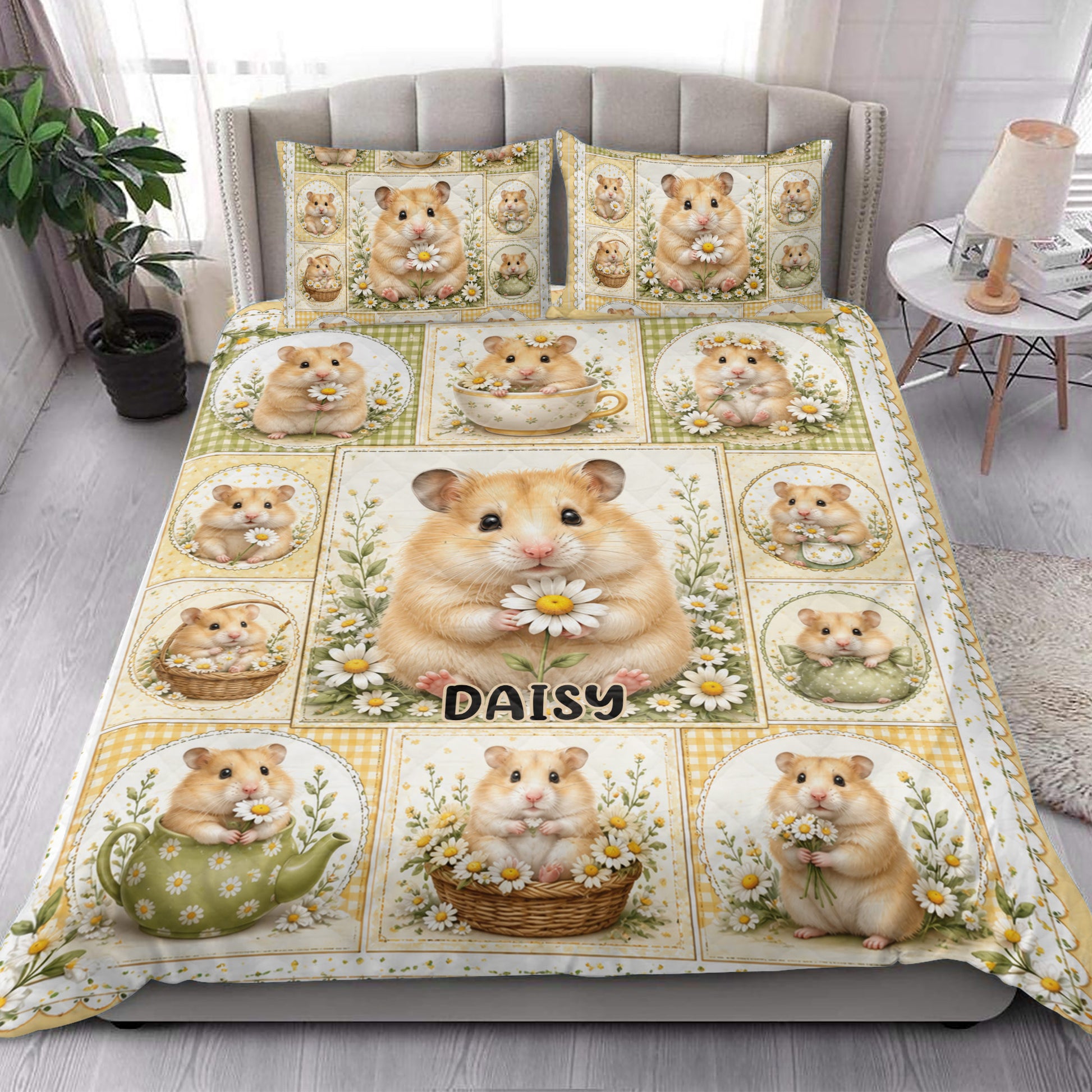 Bedroom scene featuring a hamster quilt blanket with daisies, tea cup artwork, and coordinated floral panels