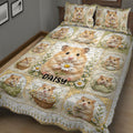 Hamster quilt blanket styled on a bed with repeated daisy scenes, teacups, baskets, and green gingham accents