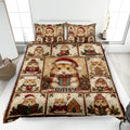 Christmas hamster quilt blanket displayed on a bed with festive gifts, stockings, holly, and coordinating pillow designs