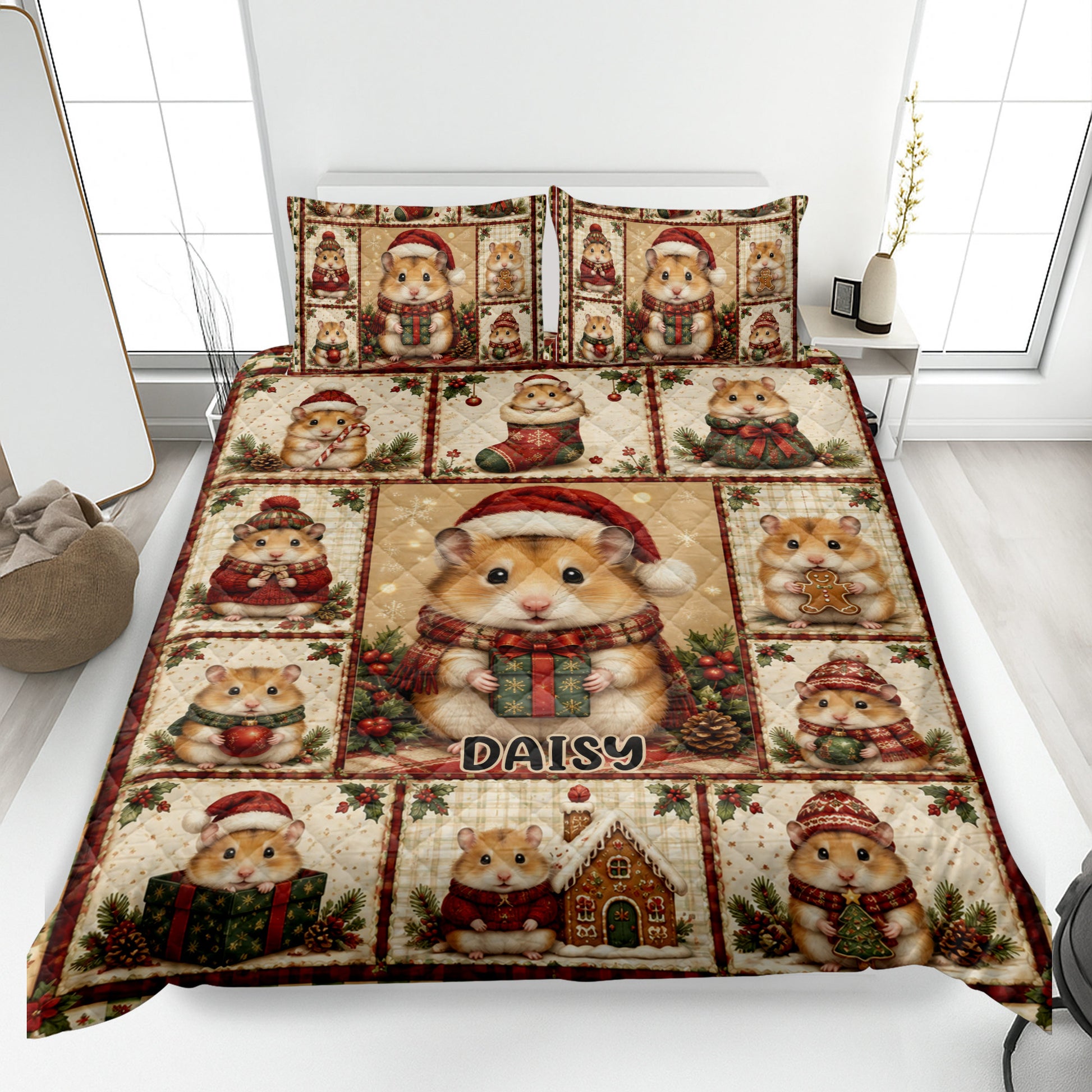Christmas hamster quilt blanket displayed on a bed with festive gifts, stockings, holly, and coordinating pillow designs