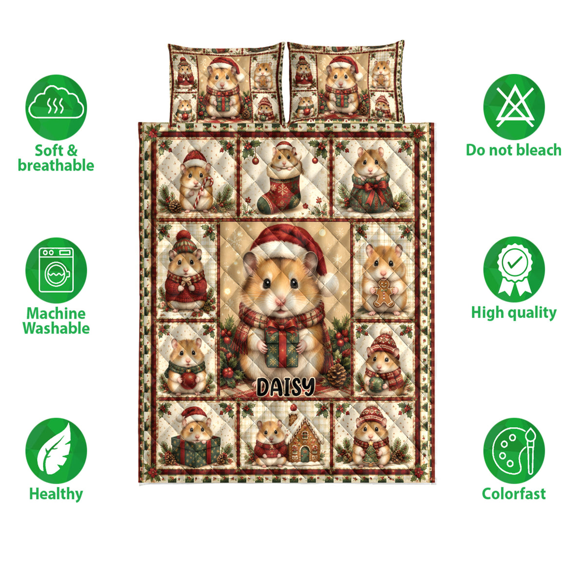 Christmas hamster quilt bedding set shown with soft breathable and machine washable feature icons