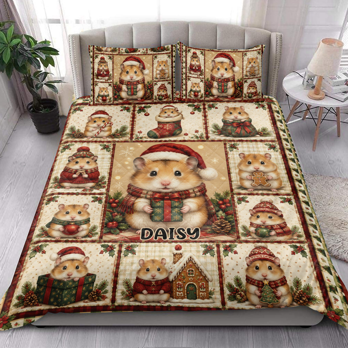 Festive hamster quilt blanket styled on a bed with Santa hats, presents, stockings, and Christmas greenery