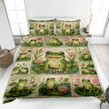 Frog quilt bedding set displayed on a bed with green frogs, lily pads, and pink water lilies