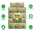 Frog quilt bedding set shown with repeated pond artwork and product feature icons