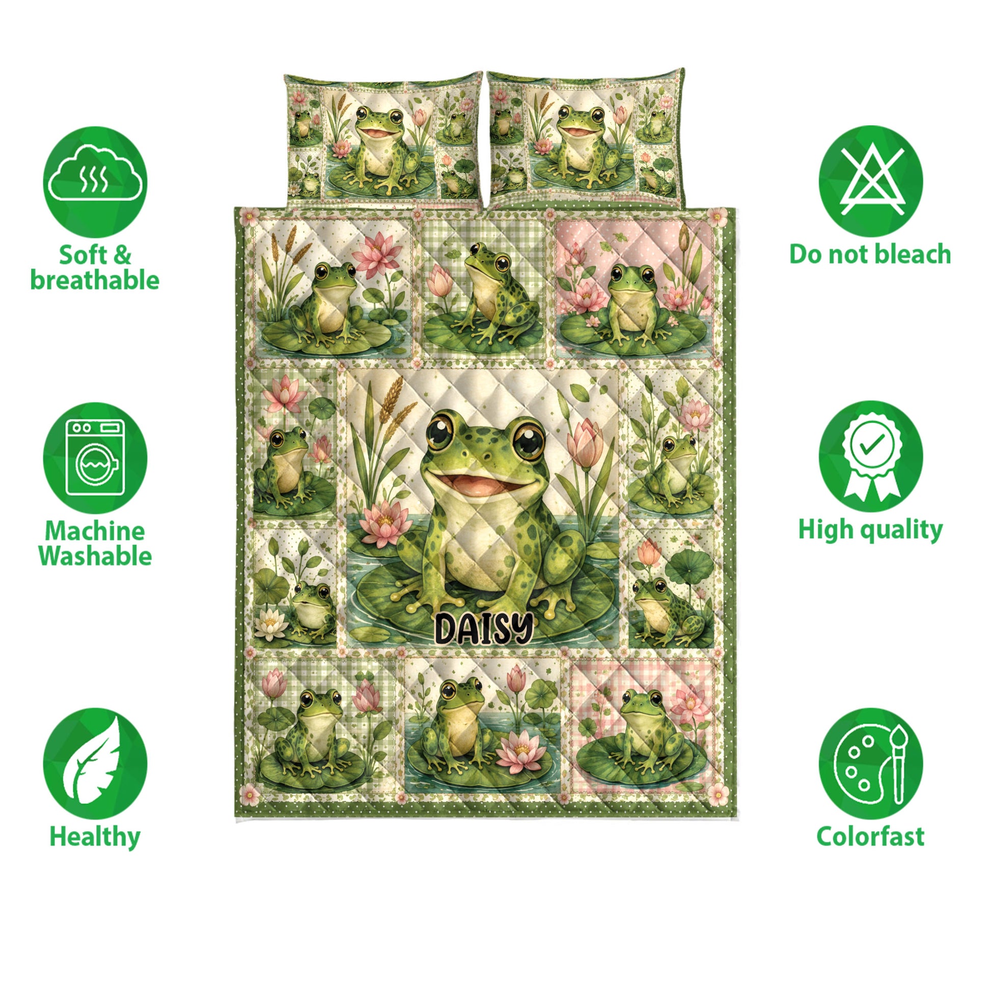 Frog quilt bedding set shown with repeated pond artwork and product feature icons