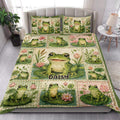 Frog quilt blanket styled on a bed with cheerful frogs, lily pads, and water lilies