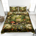 Frog quilt blanket displayed on a bed with woodland scenes, mushrooms, flowers, and green forest artwork