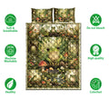 Frog quilt bedding set shown against a white background with woodland artwork and feature icons