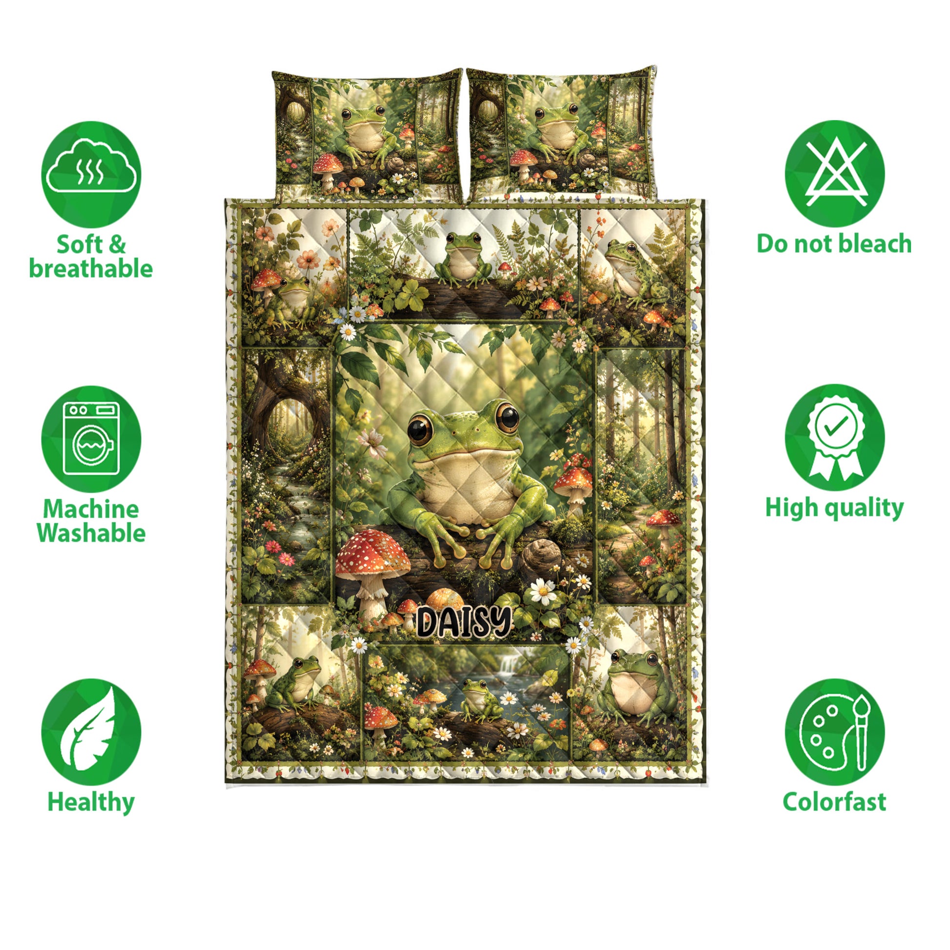 Frog quilt bedding set shown against a white background with woodland artwork and feature icons