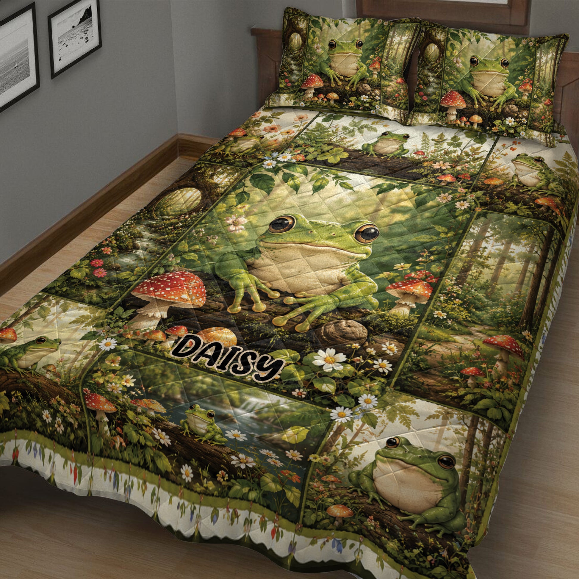 Close view of frog quilt bedding with detailed woodland scenes, mushrooms, flowers, and multiple frogs