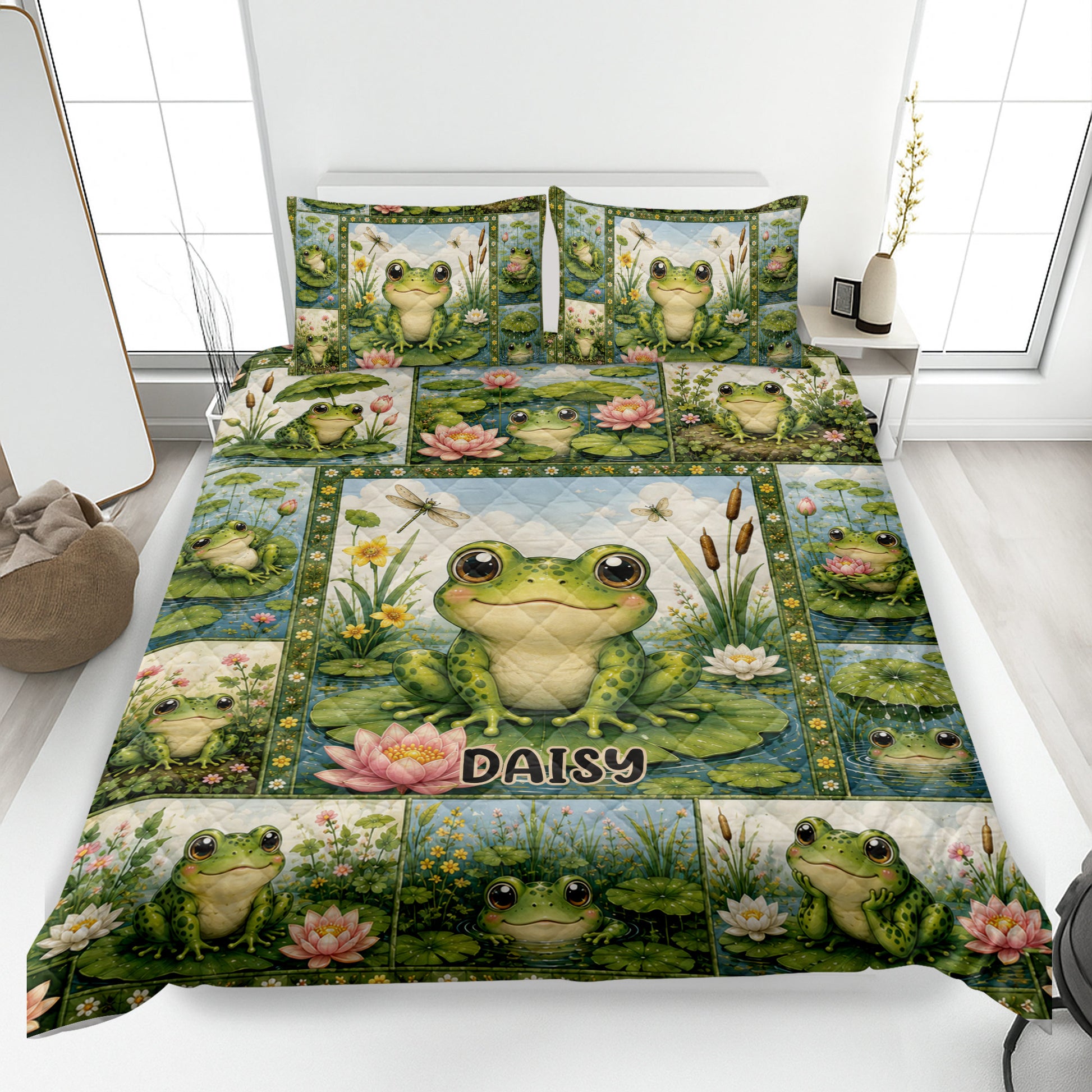 Frog quilt blanket bedding set displayed on a bed with colorful pond scenes, lily pads, lotus flowers, and dragonflies